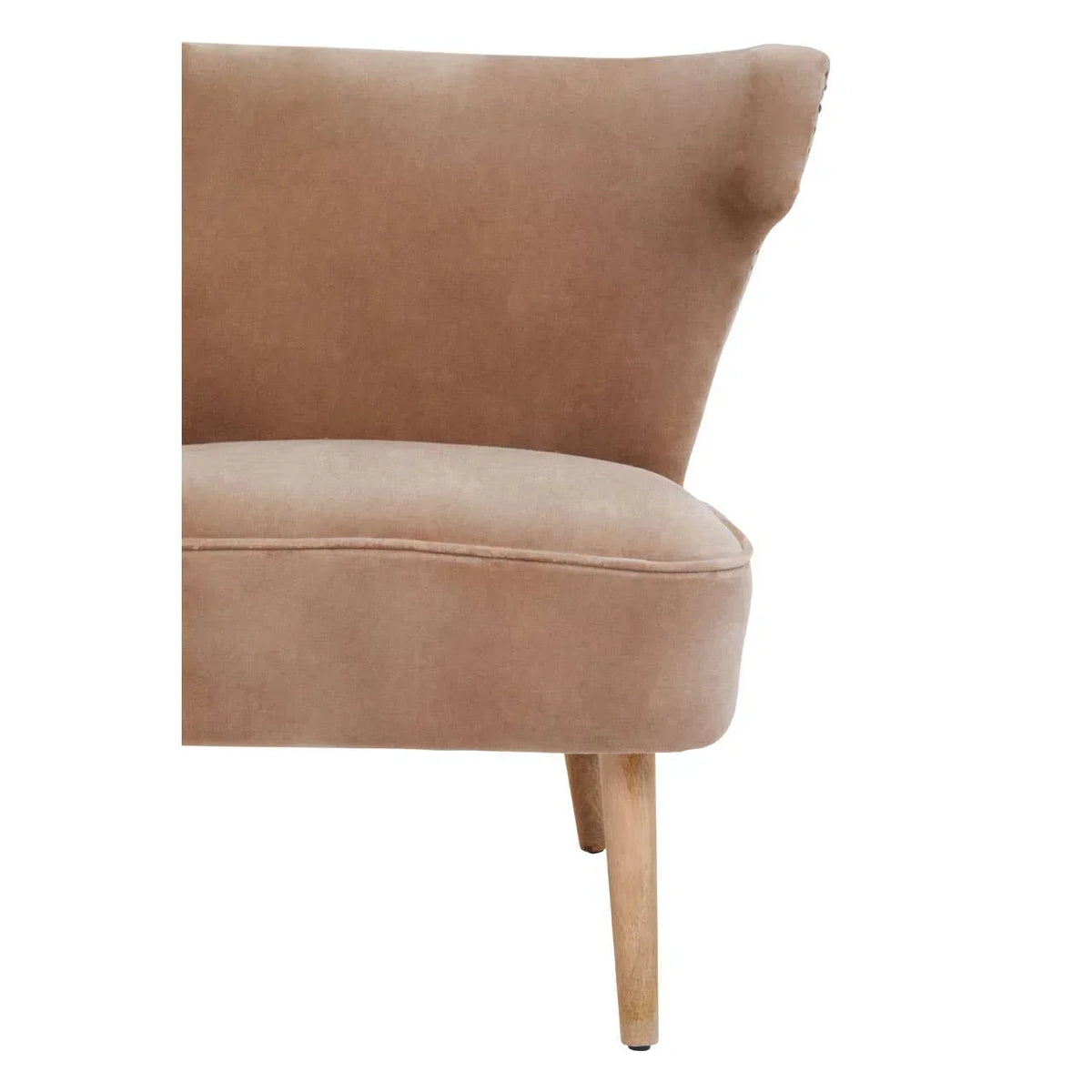 Beige fabric accent chair with curved backrest and light wooden leg, close side view