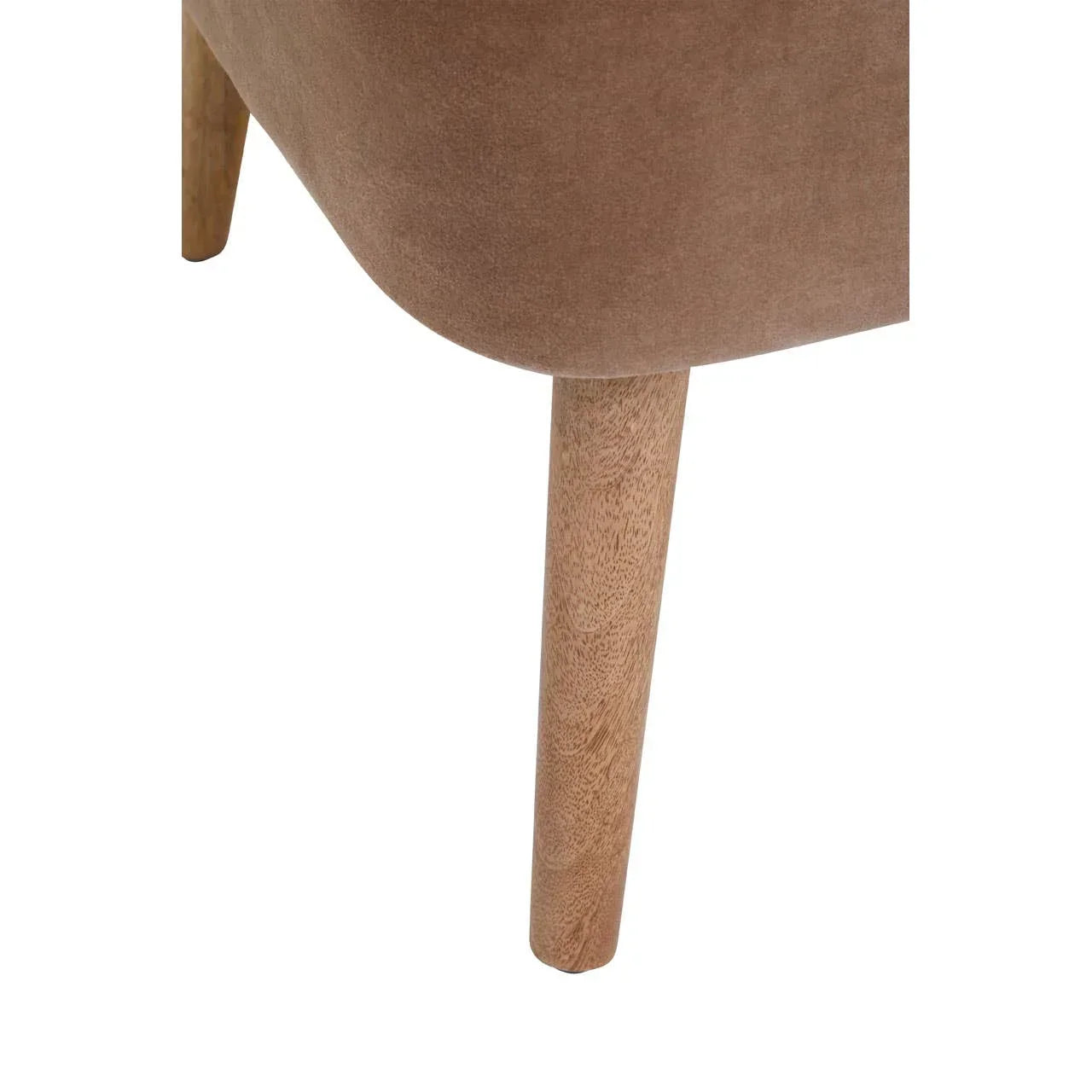 Closeup of brown upholstered chair with wooden tapered leg