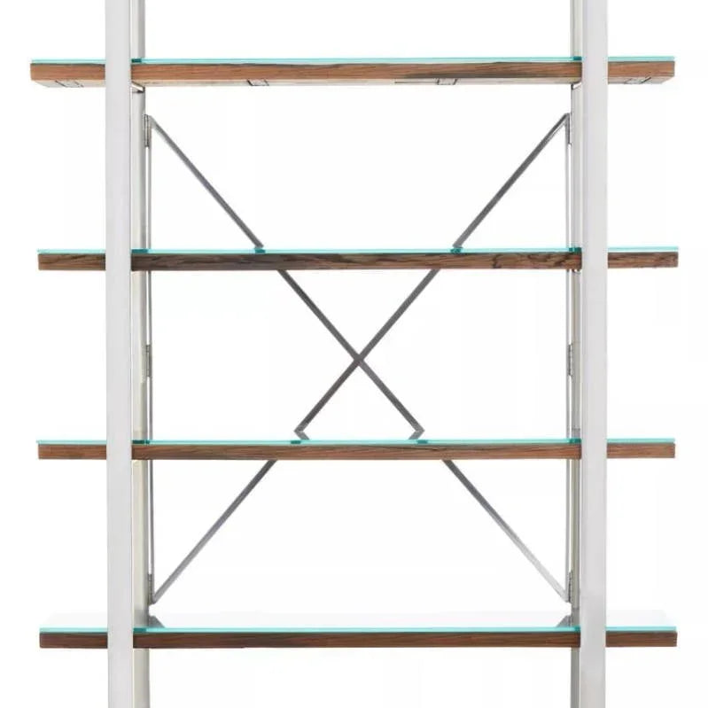 Modern shelving unit with glass shelves, wooden accents and metal frame, front view