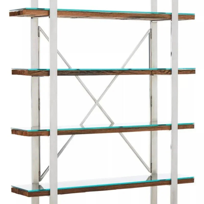 Modern glass and wood shelving unit with chrome frame and open back design