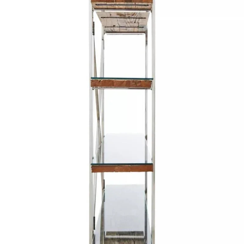 Side view of metal and wood shelving unit with glass shelves
