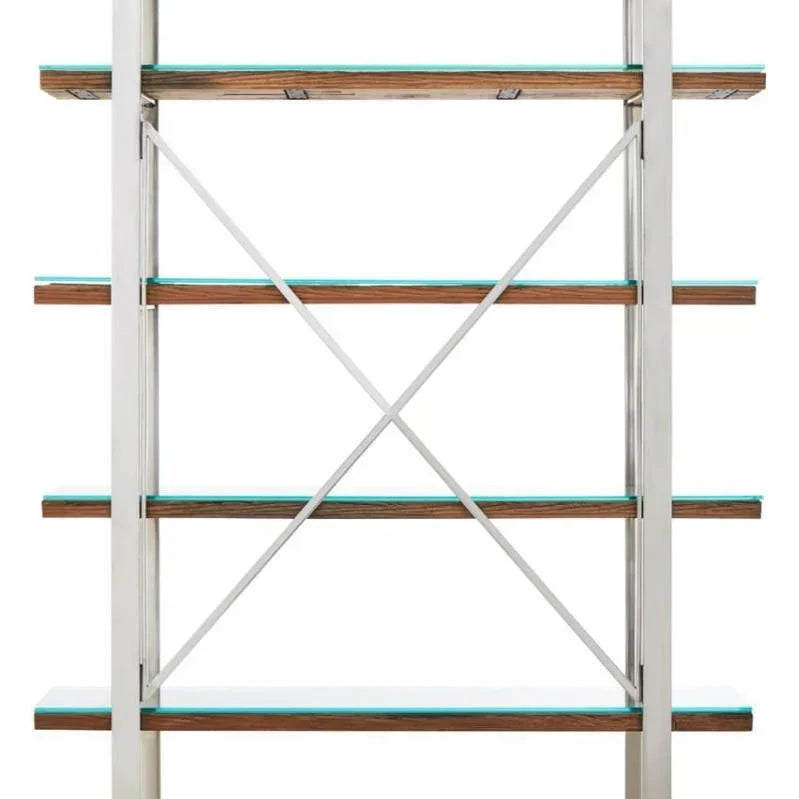 Modern bookcase with glass shelves, metal frame, wood accents and cross back design