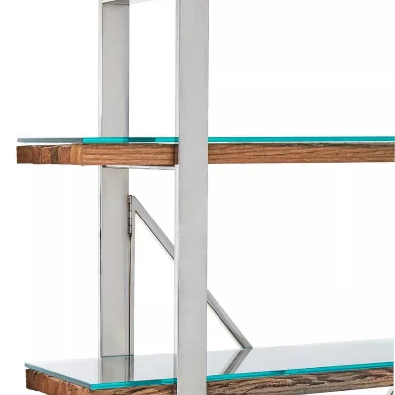 Modern shelving unit with glass shelves, wood accents, and metal frame detail