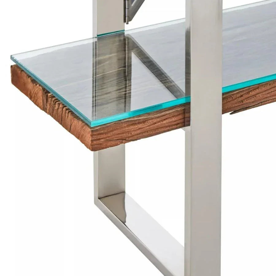 Glass and wood shelving unit with chrome metal frame, close-up on shelf corner