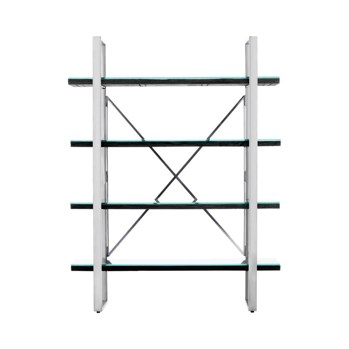 Modern bookcase with glass shelves and stainless steel frame, front view