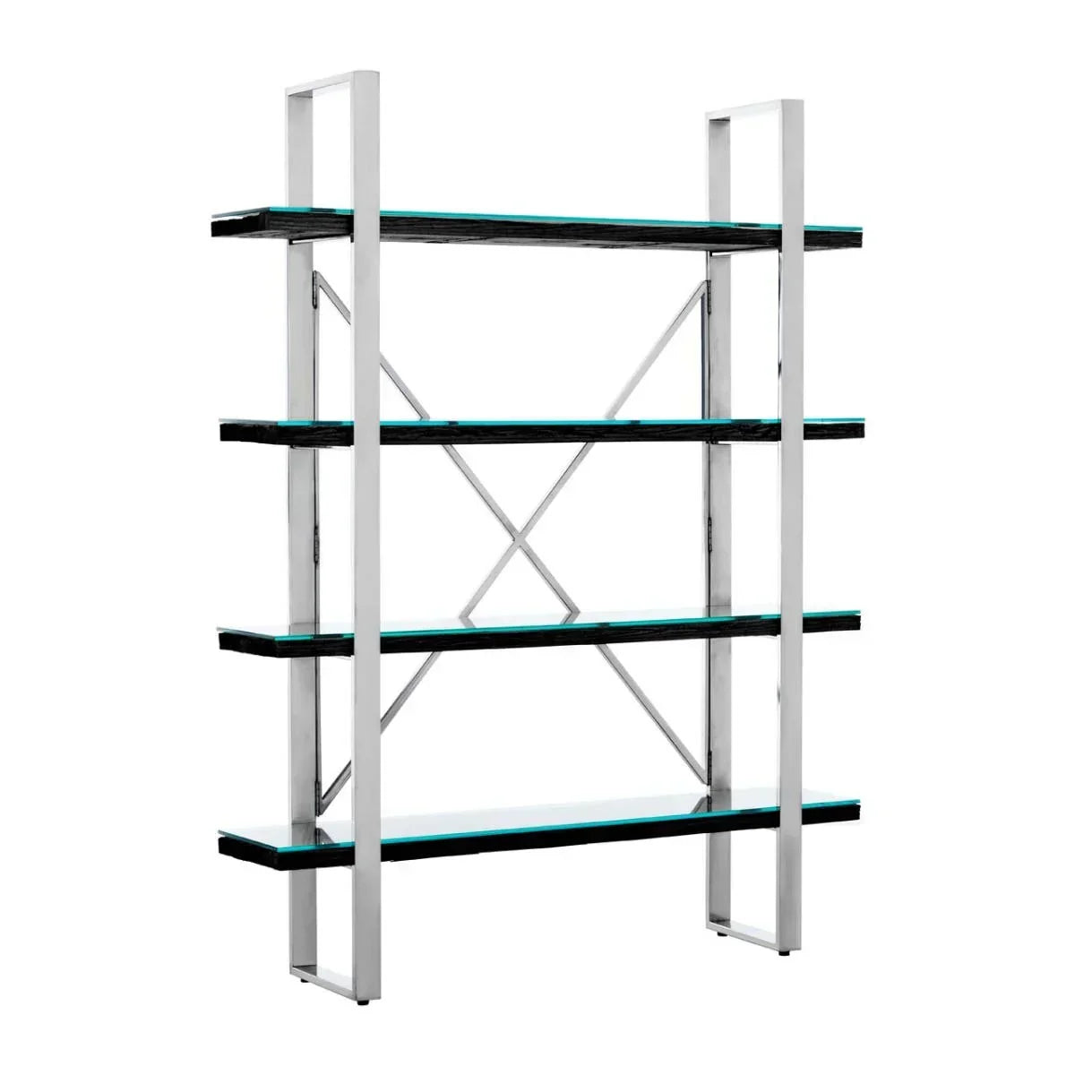 Modern glass shelving unit with chrome frame and four transparent shelves