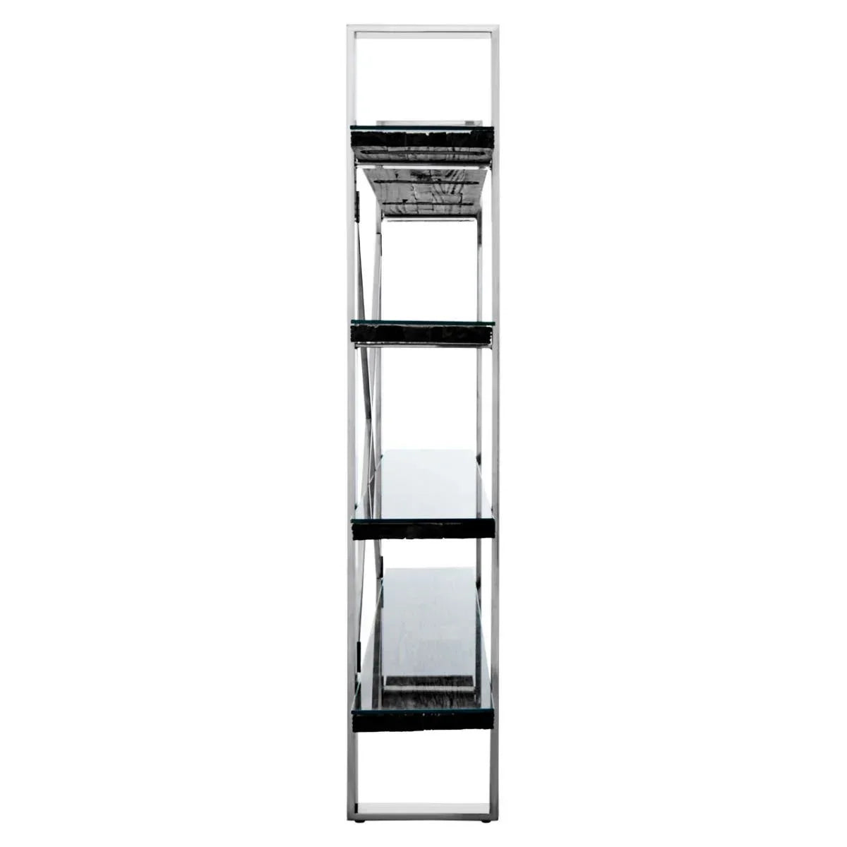 Tall shelving unit with four black marble shelves and chrome frame, side view