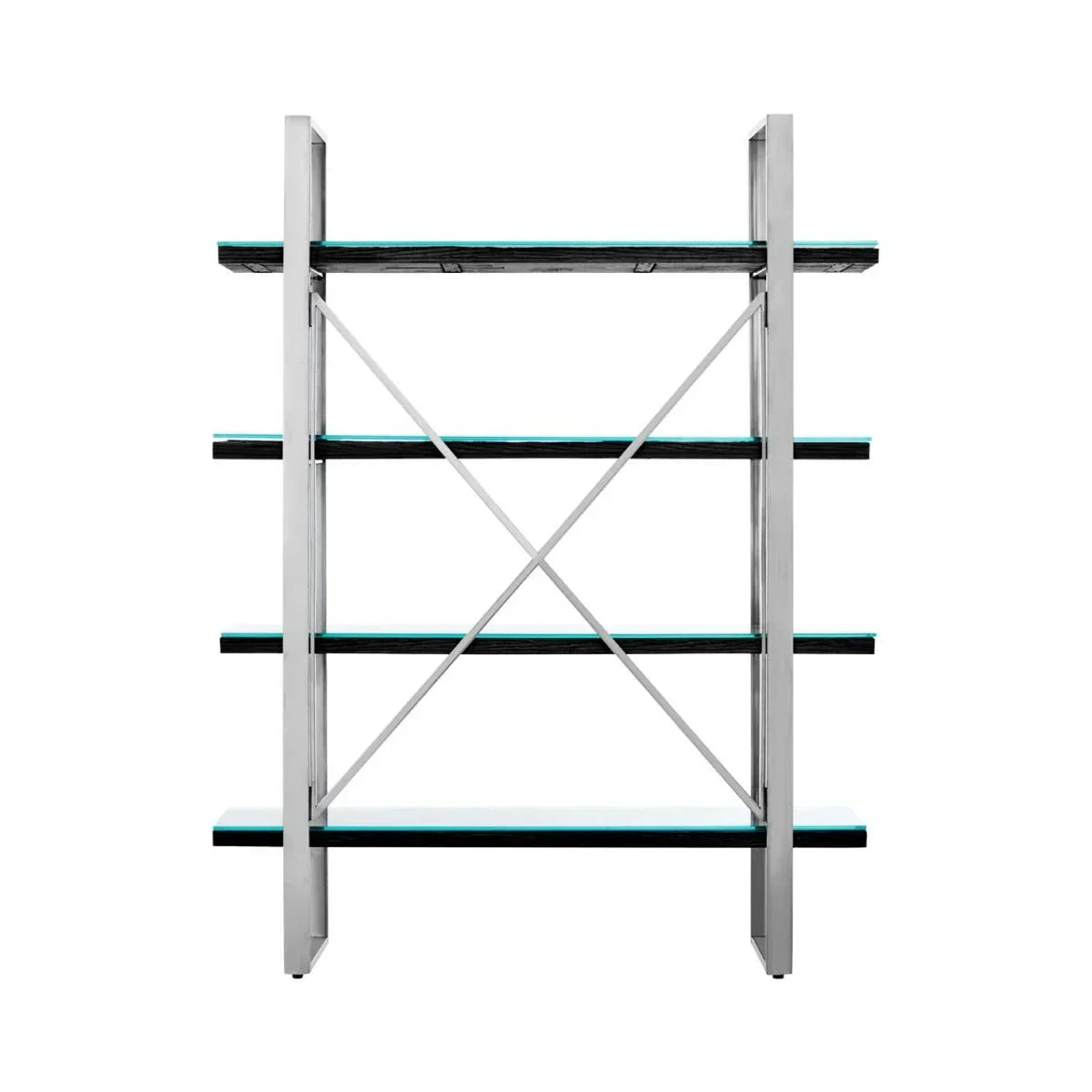 Modern metal and glass shelving unit with four shelves and crossbar support