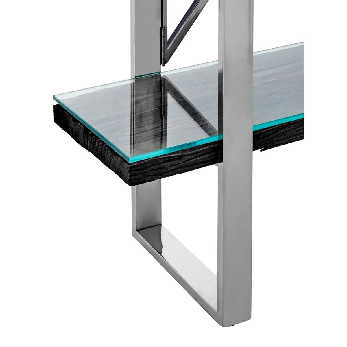 Glass shelf with polished metal frame and black wood detail, corner closeup