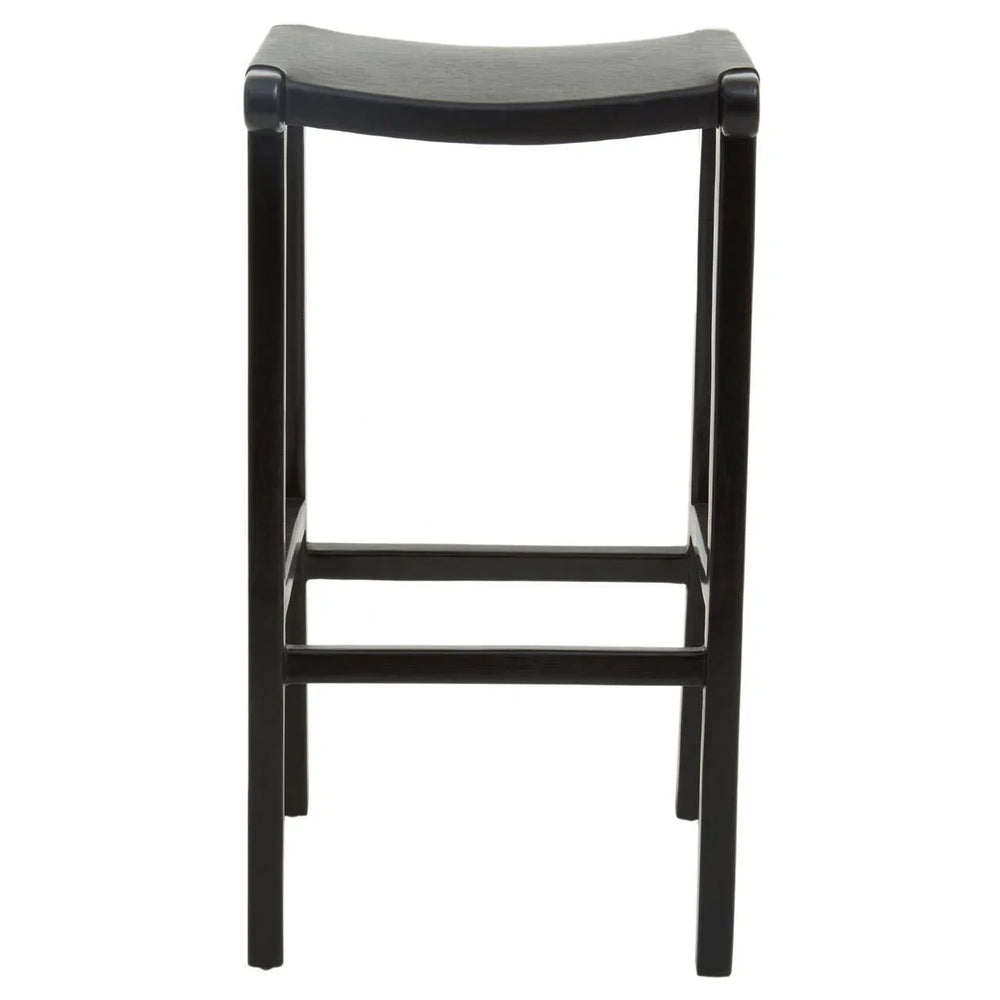 Black wooden bar stool with curved seat, shown from the front against a white background