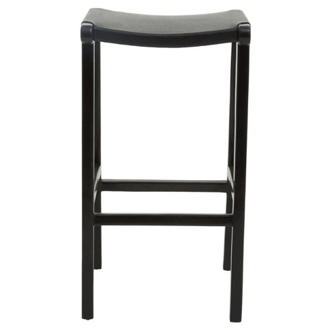 Black wooden bar stool with curved seat, shown from the front against a white background