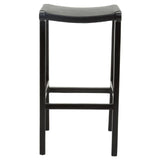 Black wooden bar stool with curved seat, shown from the front against a white background
