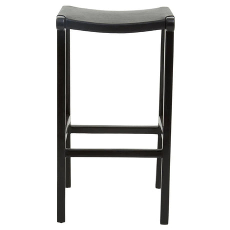 Black wooden bar stool with curved seat, shown from the front against a white background