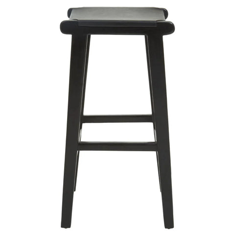Black wooden bar stool with square seat and straight legs, front view