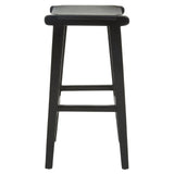 Black wooden bar stool with square seat and straight legs, front view