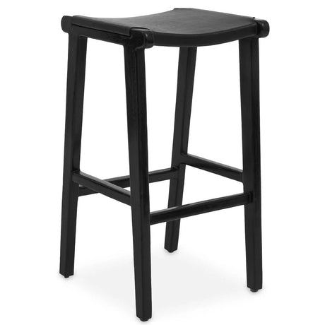 Kendari Black Leather and Teak Barstool
