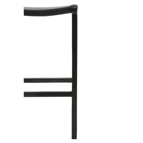 Close-up of dark wood dining chair leg with horizontal supports on white background