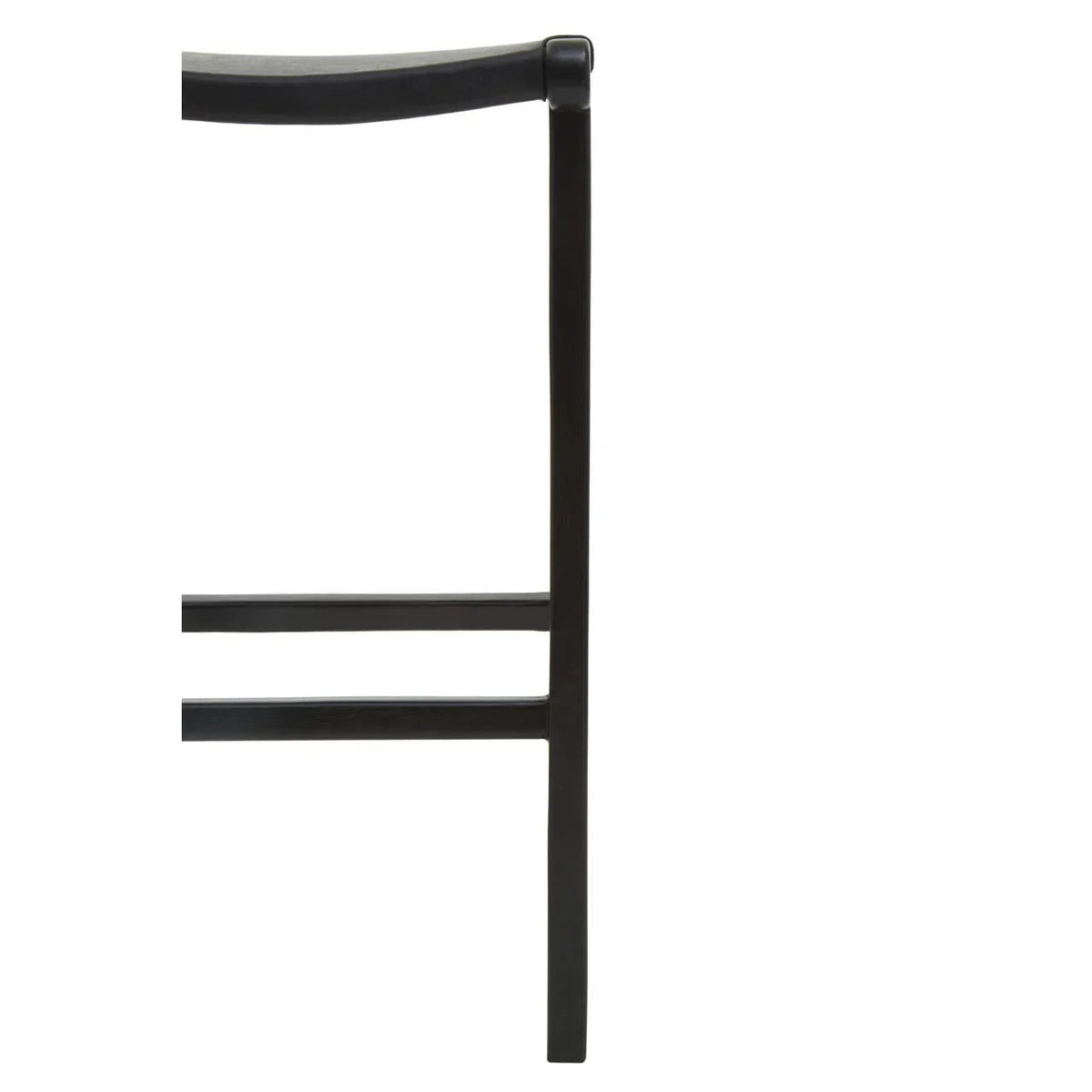 Close-up of dark wood dining chair leg with horizontal supports on white background