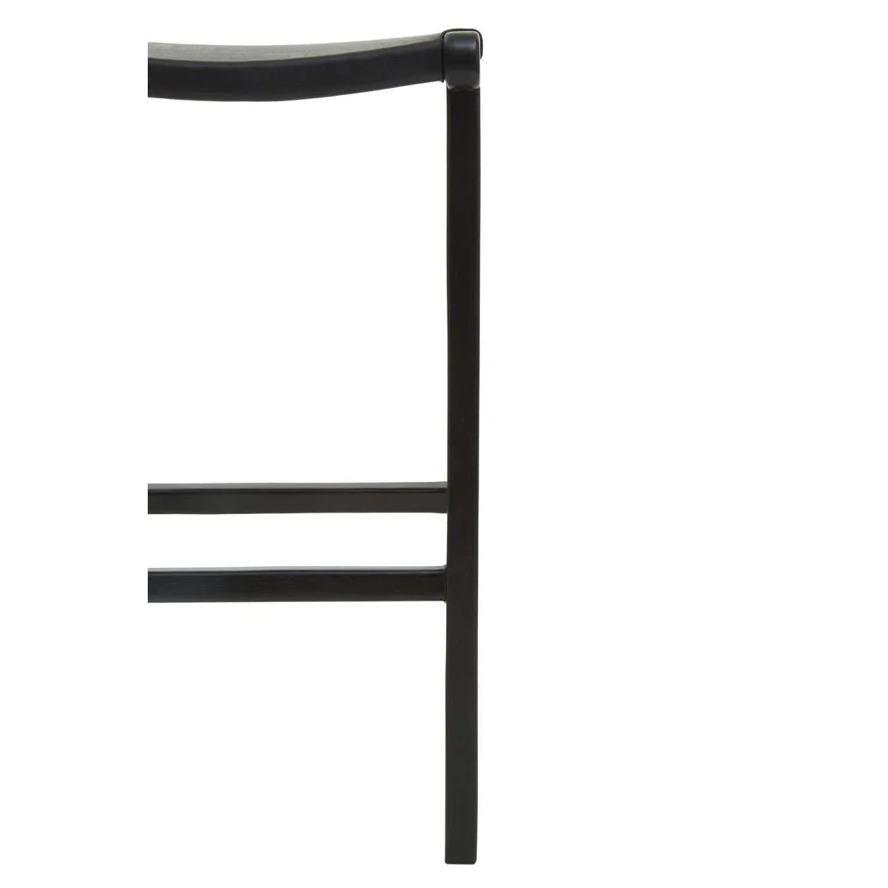 Close-up of dark wood dining chair leg with horizontal supports on white background