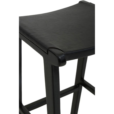 Black wooden bar stool with curved seat and visible leg detail