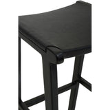 Black wooden bar stool with curved seat and visible leg detail
