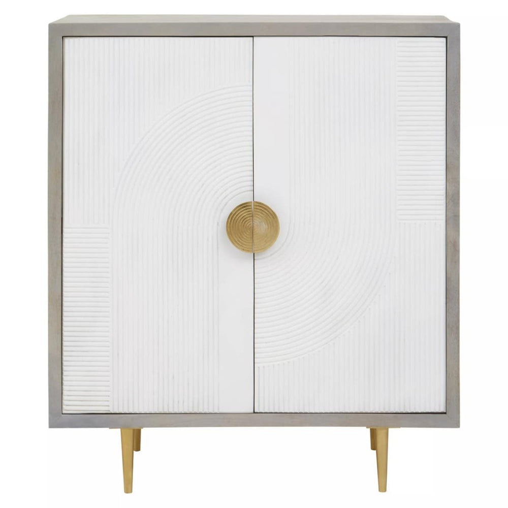 Cream and grey two-door cabinet made of mango wood, featuring a sleek design with a round gold handle and tapered legs. The cabinet has a smooth, light-colored front and a contrasting grey frame