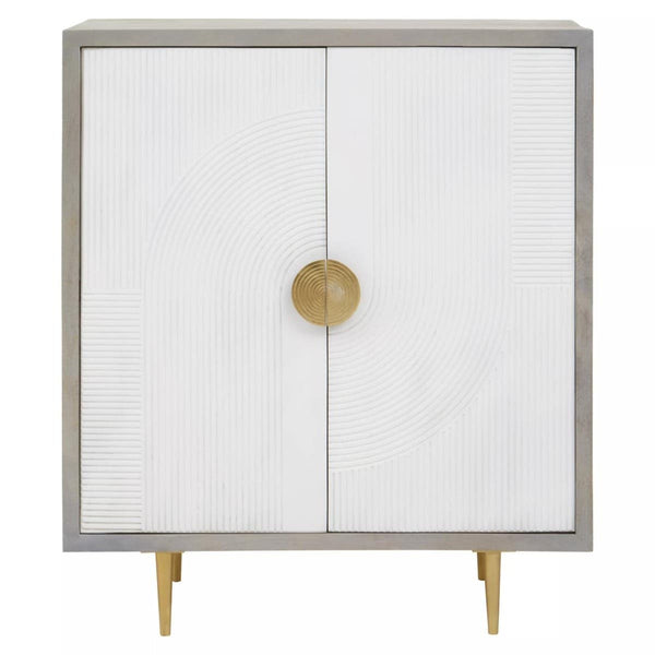Cream and grey two-door cabinet made of mango wood, featuring a sleek design with a round gold handle and tapered legs. The cabinet has a smooth, light-colored front and a contrasting grey frame