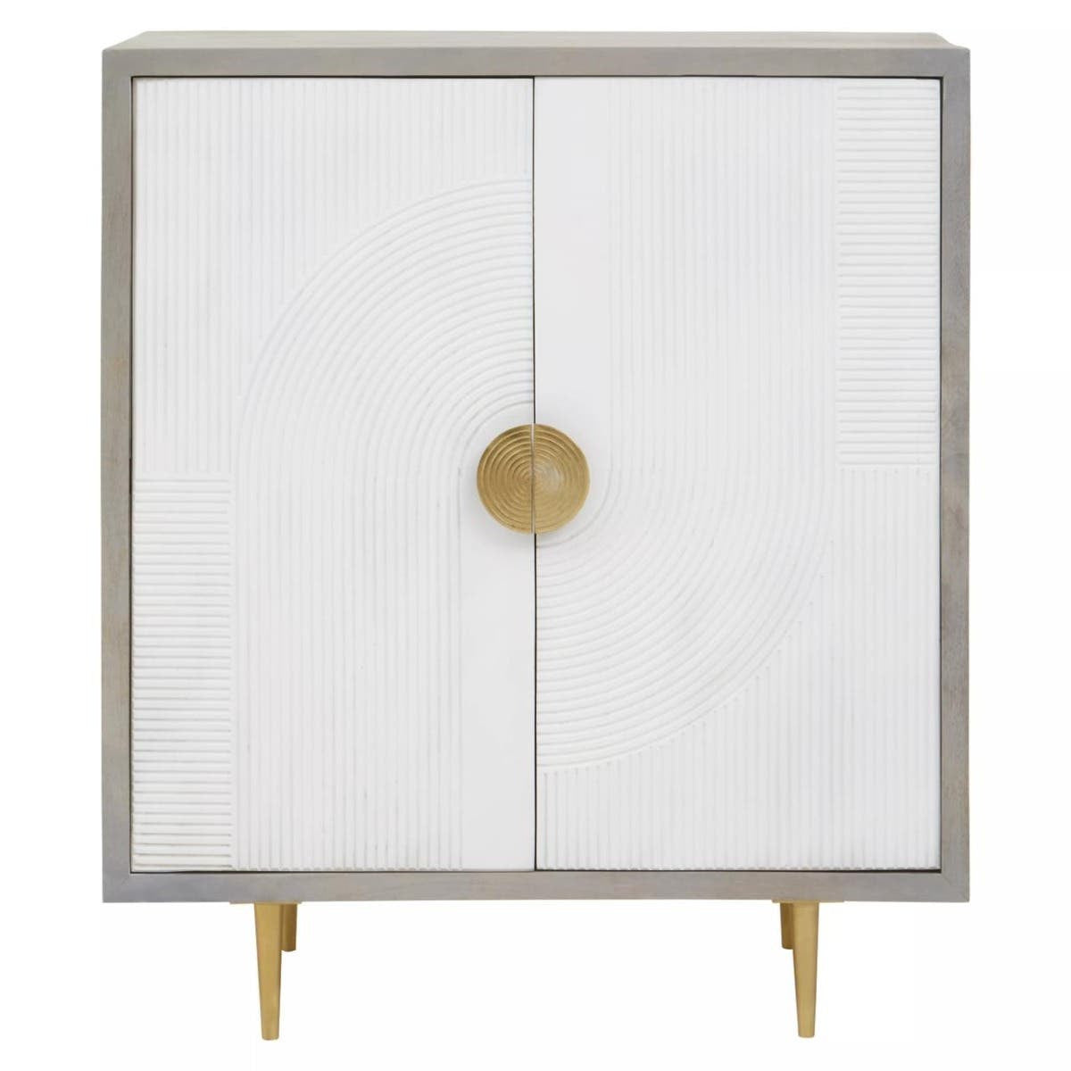 Cream and grey two-door cabinet made of mango wood, featuring a sleek design with a round gold handle and tapered legs. The cabinet has a smooth, light-colored front and a contrasting grey frame