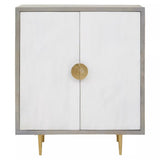 Cream and grey two-door cabinet made of mango wood, featuring a sleek design with a round gold handle and tapered legs. The cabinet has a smooth, light-colored front and a contrasting grey frame