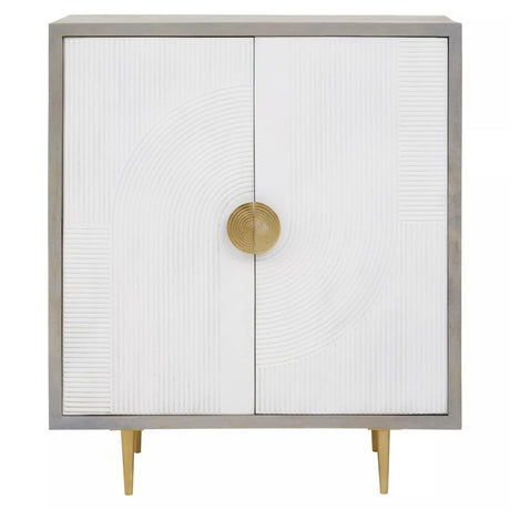 Cream and grey two-door cabinet made of mango wood, featuring a sleek design with a round gold handle and tapered legs. The cabinet has a smooth, light-colored front and a contrasting grey frame