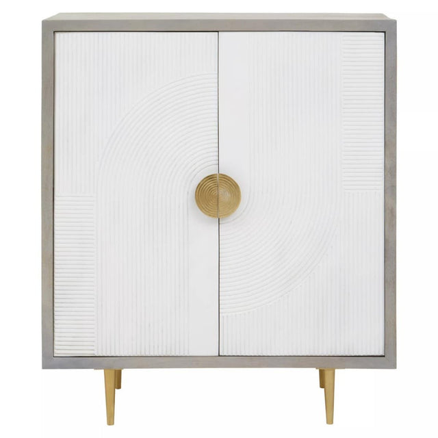 Cream and grey two-door cabinet made of mango wood, featuring a sleek design with a round gold handle and tapered legs. The cabinet has a smooth, light-colored front and a contrasting grey frame