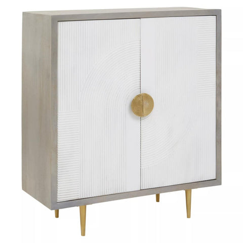 Cream and grey two-door cabinet made of mango wood, featuring a sleek design with a round gold handle and tapered gold legs. The cabinet has a smooth finish and a modern aesthetic, suitable for various interior styles