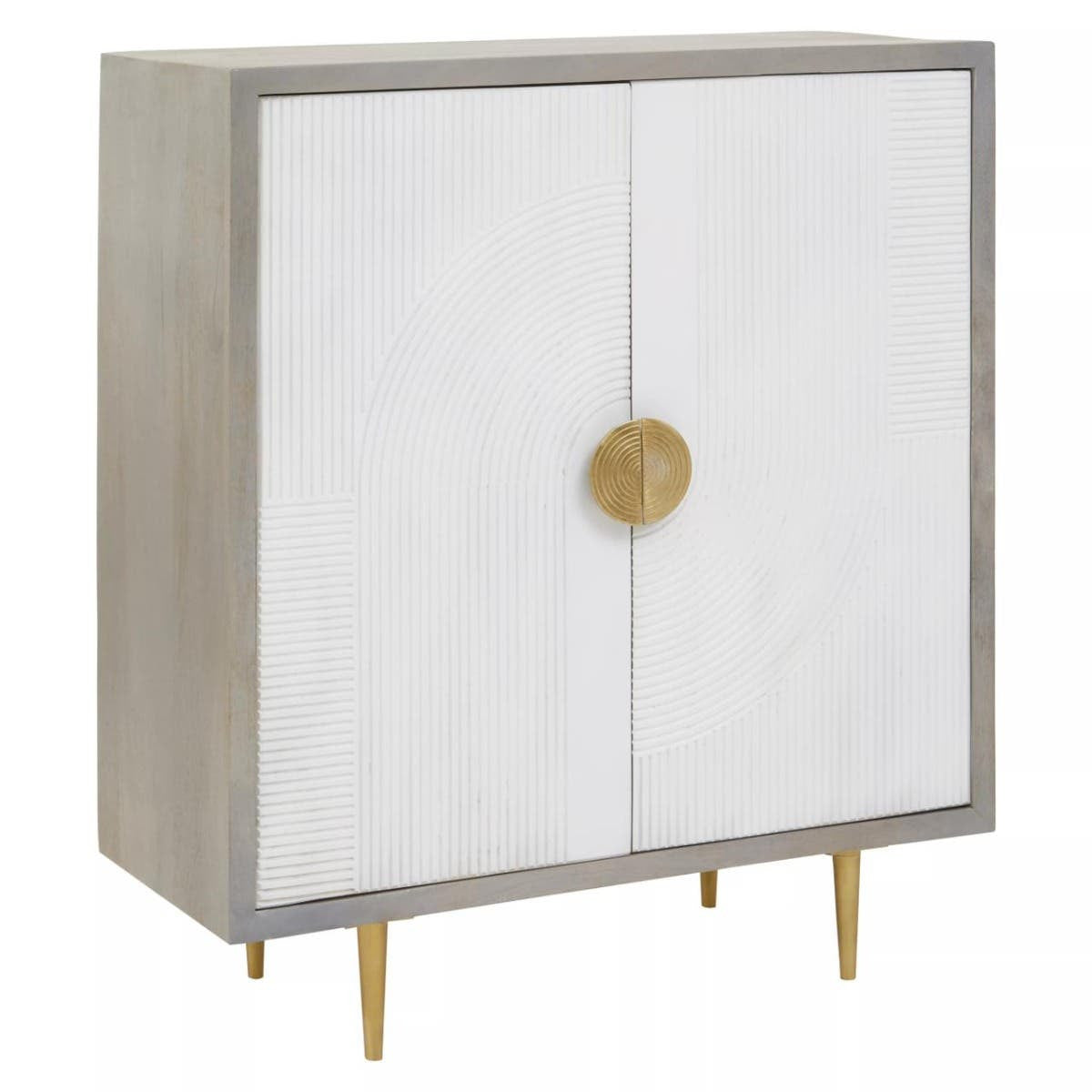 Cream and grey two-door cabinet made of mango wood, featuring a sleek design with a round gold handle and tapered gold legs. The cabinet has a smooth finish and a modern aesthetic, suitable for various interior styles