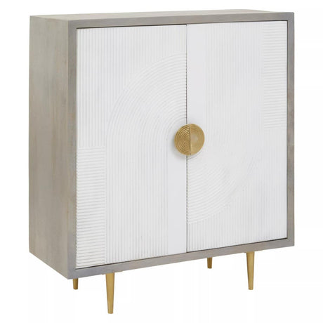 Cream and grey two-door cabinet made of mango wood, featuring a sleek design with a round gold handle and tapered gold legs. The cabinet has a smooth finish and a modern aesthetic, suitable for various interior styles