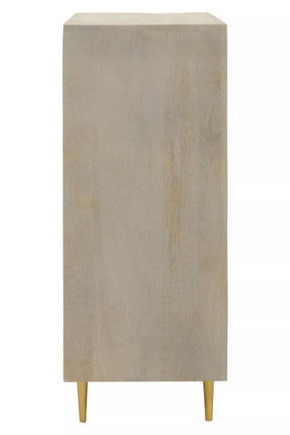 Cream and grey two-door cabinet made of mango wood, featuring a smooth surface and sleek design, supported by four slender golden legs