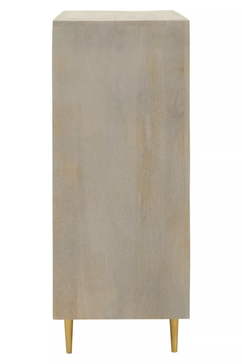 Cream and grey two-door cabinet made of mango wood, featuring a smooth surface and sleek design, supported by four slender golden legs