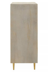 Cream and grey two-door cabinet made of mango wood, featuring a smooth surface and sleek design, supported by four slender golden legs