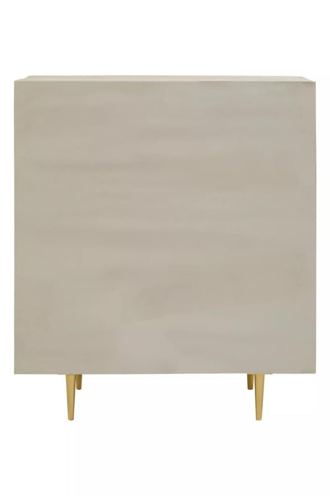 Cream and grey two-door cabinet made from mango wood, featuring a smooth surface and sleek design, supported by gold metal legs