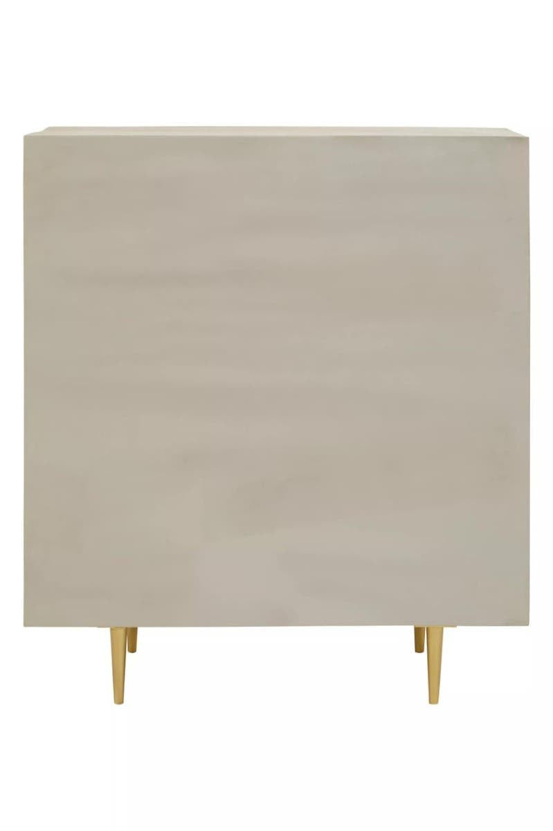 Cream and grey two-door cabinet made from mango wood, featuring a smooth surface and sleek design, supported by gold metal legs