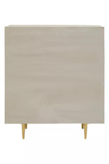 Cream and grey two-door cabinet made from mango wood, featuring a smooth surface and sleek design, supported by gold metal legs