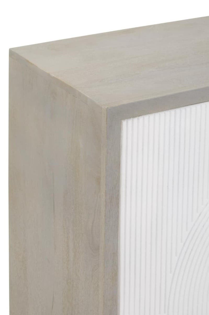 Close-up view of the corner of a cream and grey mango wood cabinet, showcasing a smooth, light grey finish with subtle wood grain texture and a clean, modern design