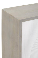 Close-up view of the corner of a cream and grey mango wood cabinet, showcasing a smooth, light grey finish with subtle wood grain texture and a clean, modern design