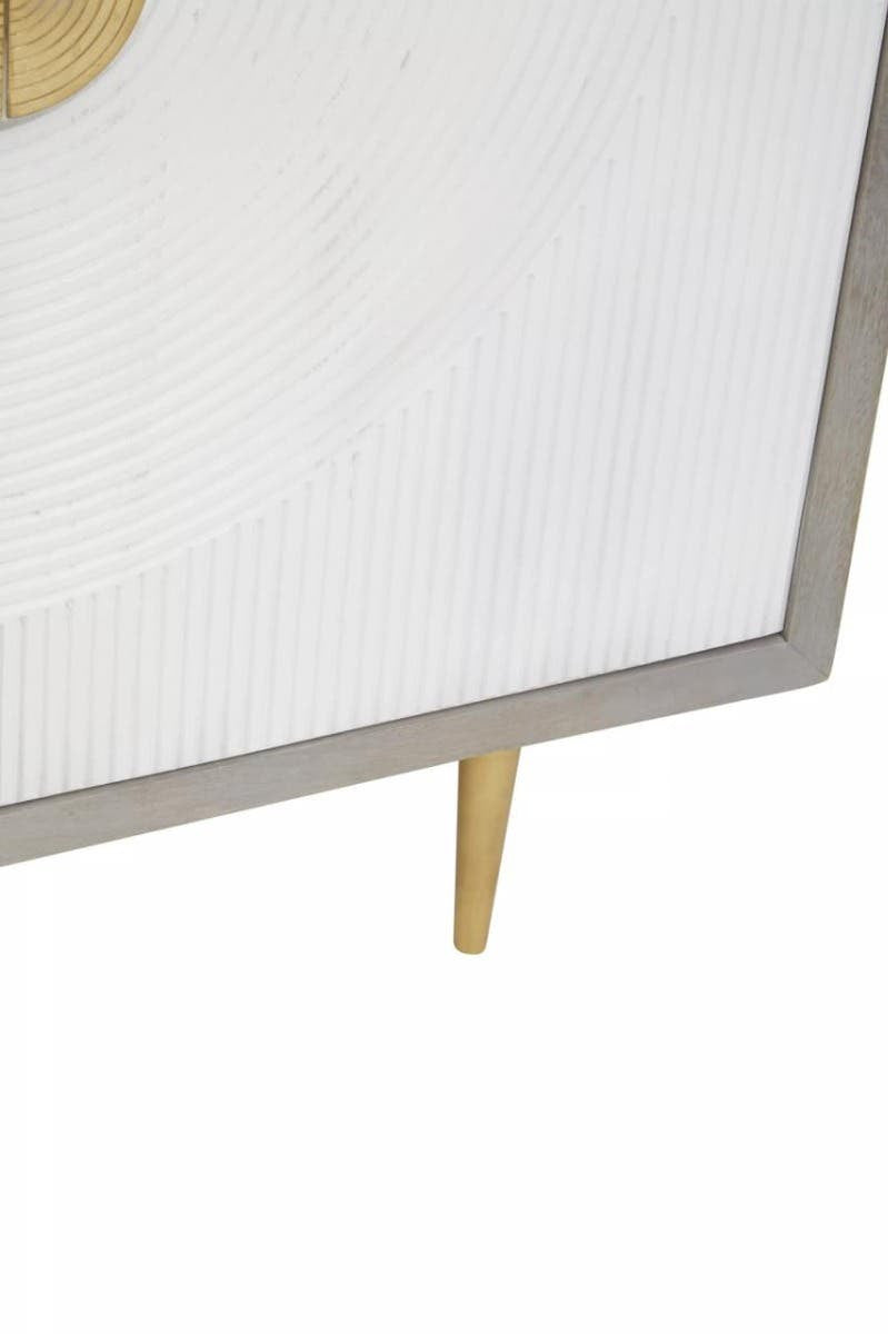 Cream and grey two-door cabinet made of mango wood, featuring a sleek design with a gold circular handle and tapered legs. The cabinet has a minimalist aesthetic with a light color palette, suitable for modern home decor