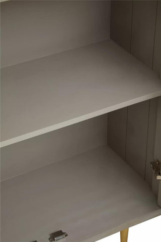 Cream and grey mango wood two-door cabinet featuring two spacious shelves inside, showcasing a smooth, neutral interior finish. The cabinet has a minimalist design with clean lines and a modern aesthetic