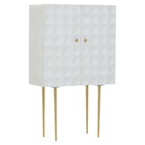 Cream finish two-door cabinet made of mango wood, featuring a textured geometric pattern on the front, supported by four slender gold legs. The cabinet has two round gold knobs for easy access to the storage space inside