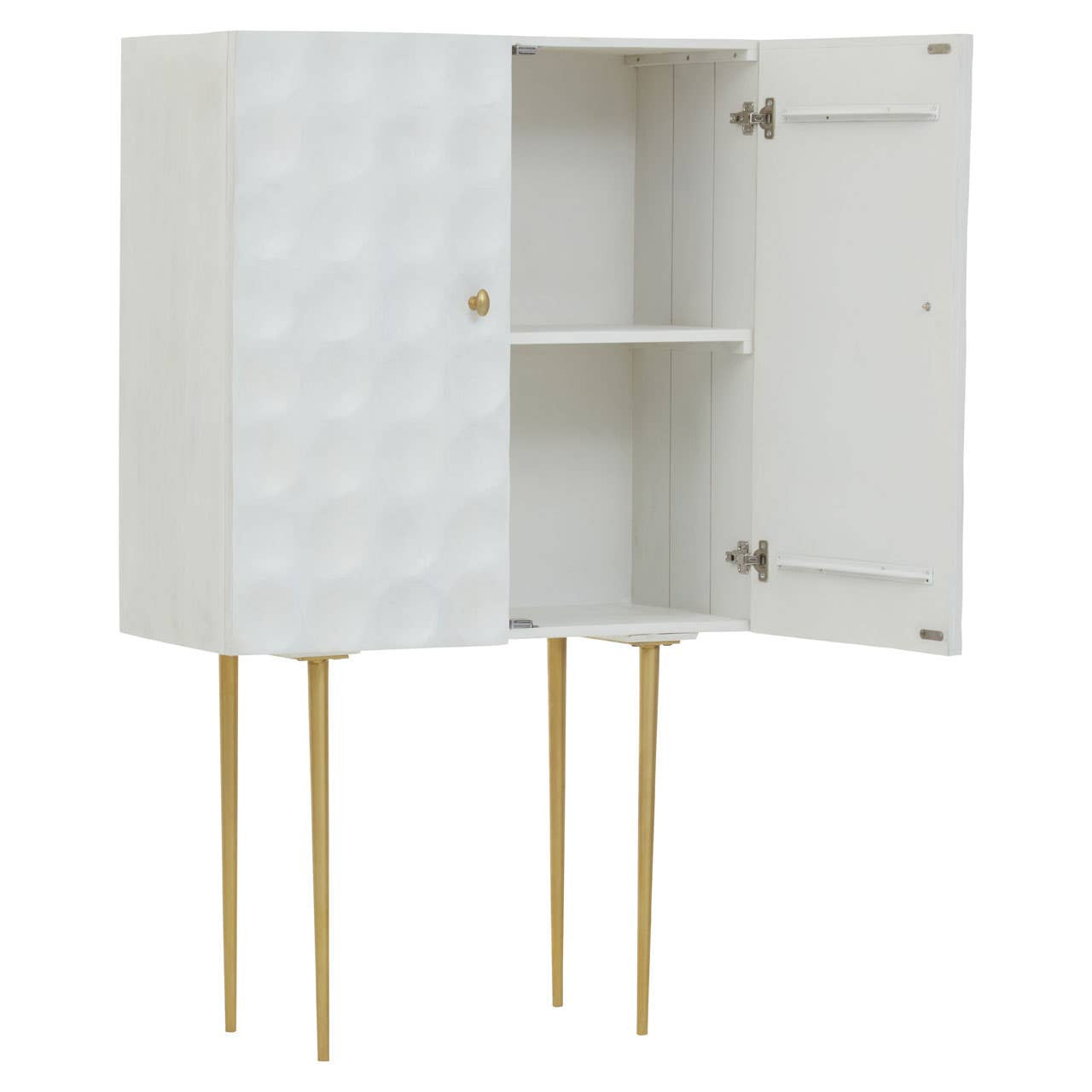 Cream finish mango wood two-door cabinet with a textured front, featuring two shelves inside and supported by four slender gold legs. The cabinet doors are slightly ajar, revealing the interior space