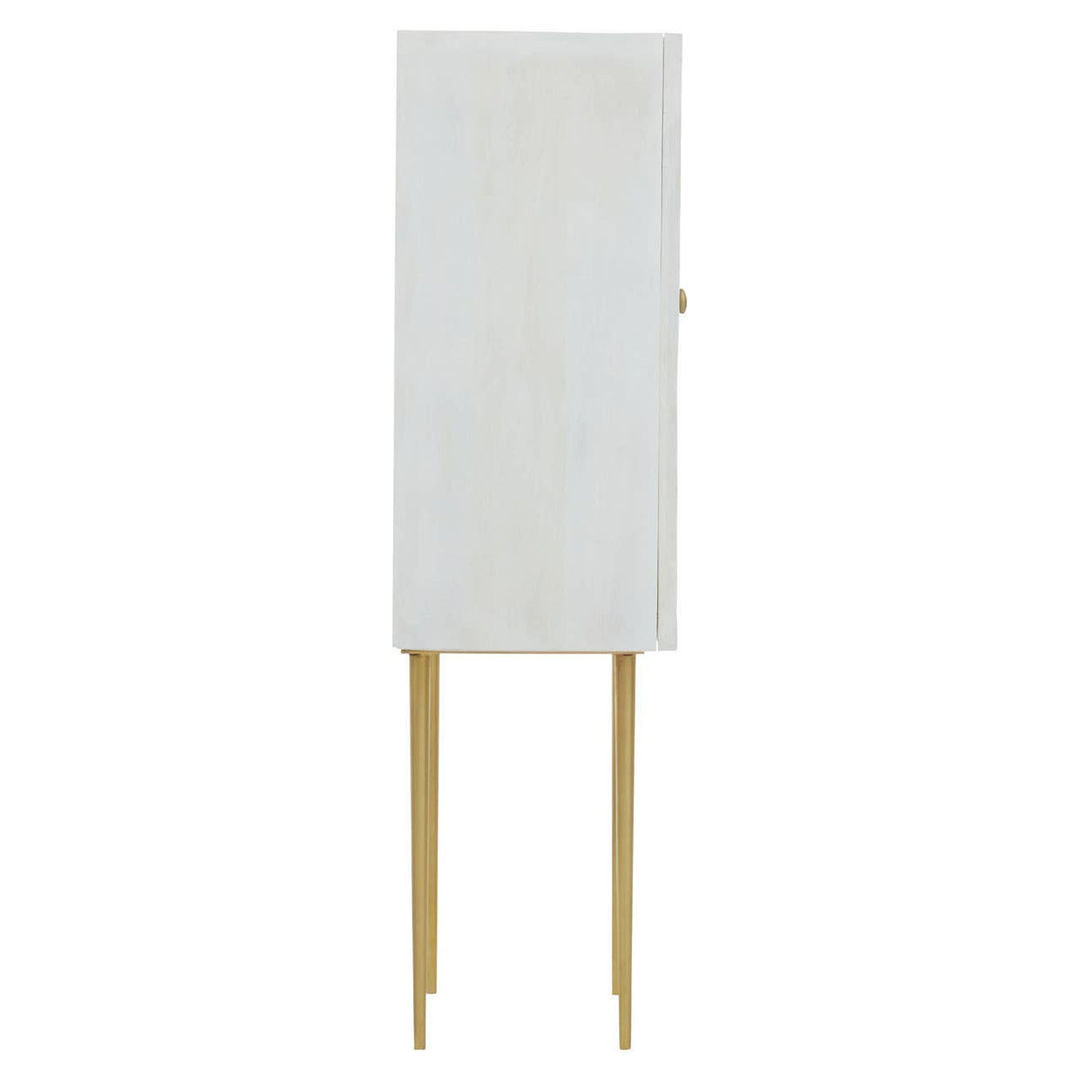 Cream finish two-door cabinet made from mango wood, featuring a sleek design with a single gold handle and standing on slender gold legs. The cabinet has a smooth surface and a minimalist aesthetic, ideal for modern home decor