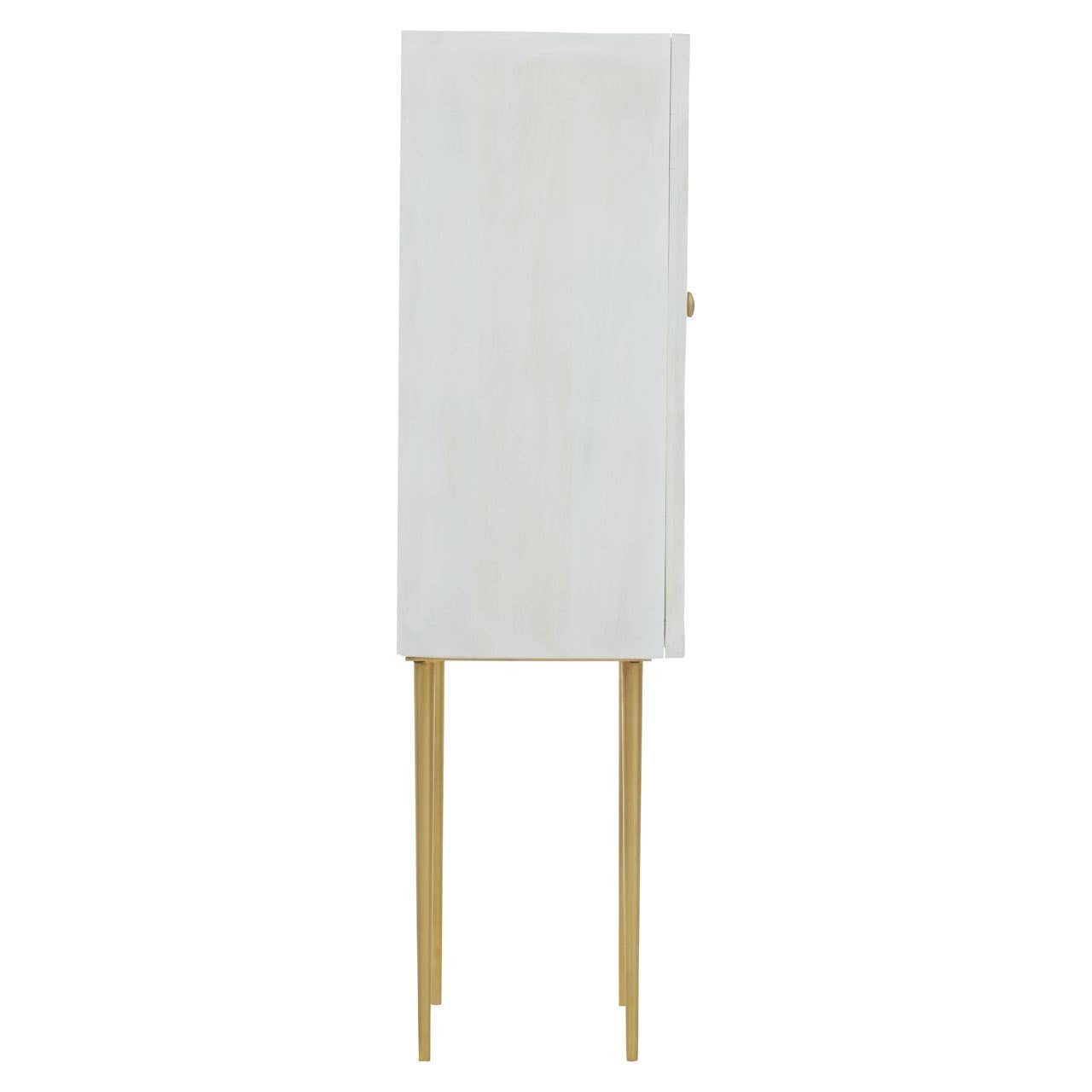 Cream finish two-door cabinet made from mango wood, featuring a sleek design with a single gold handle and standing on slender gold legs. The cabinet has a smooth surface and a minimalist aesthetic, ideal for modern home decor