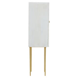 Cream finish two-door cabinet made from mango wood, featuring a sleek design with a single gold handle and standing on slender gold legs. The cabinet has a smooth surface and a minimalist aesthetic, ideal for modern home decor