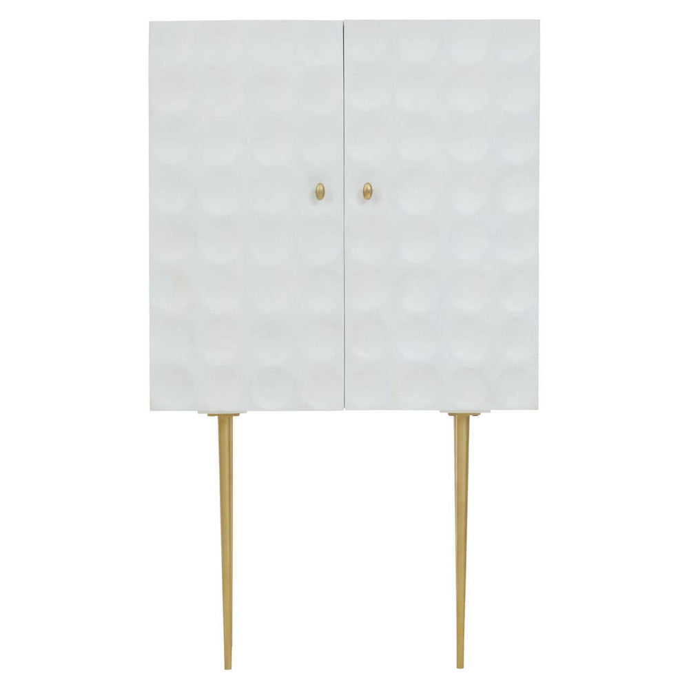 Cream finish two-door cabinet made from mango wood, featuring a textured front with a geometric pattern, gold knobs, and slender gold legs for support